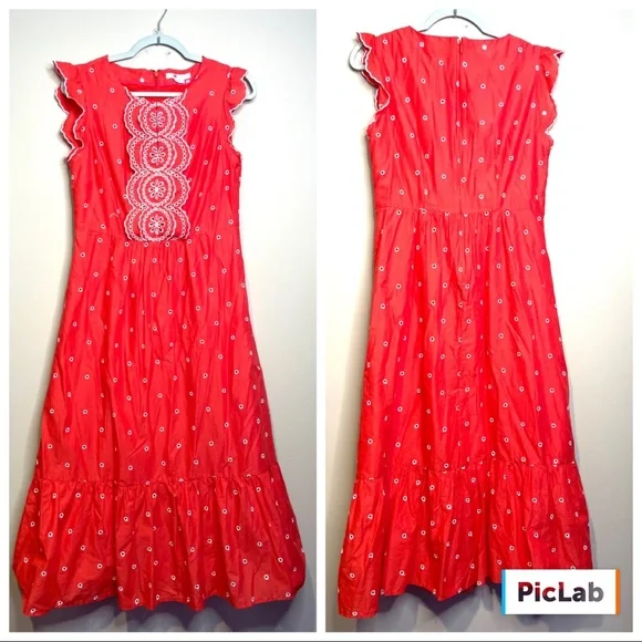 Boden Lucinda Broderie Eyelet Coral Red cotton midi dress size 8 Regular - Picture 6 of 8